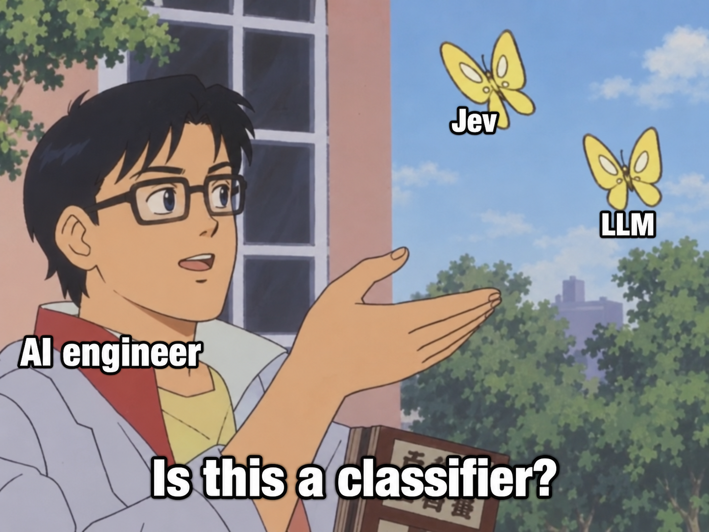 An AI engineer points at butterflies labeled Jev and LLM: Is this a classifier?